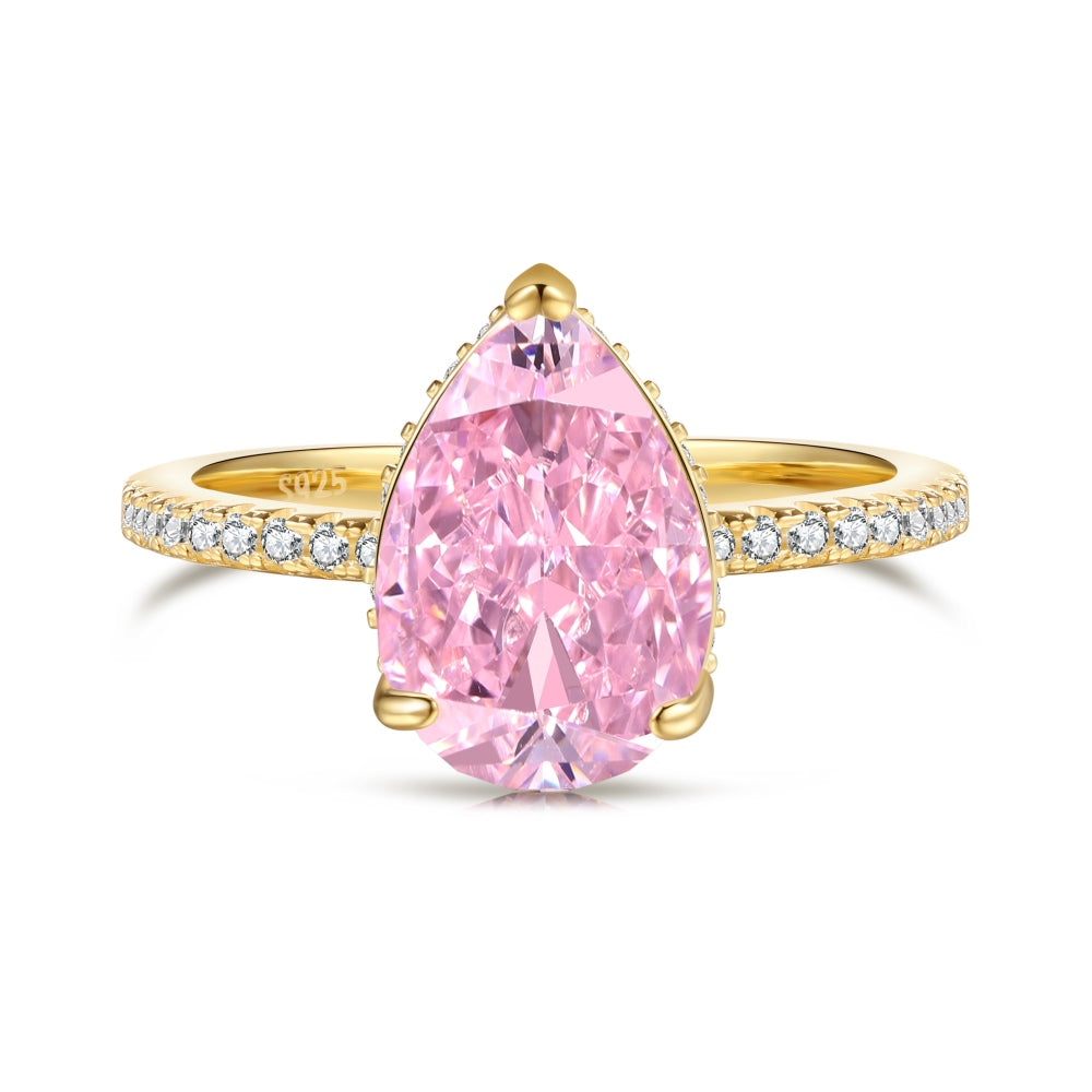 Classic Pear Cut Zirconia on solitaire band half pave gold baby pink